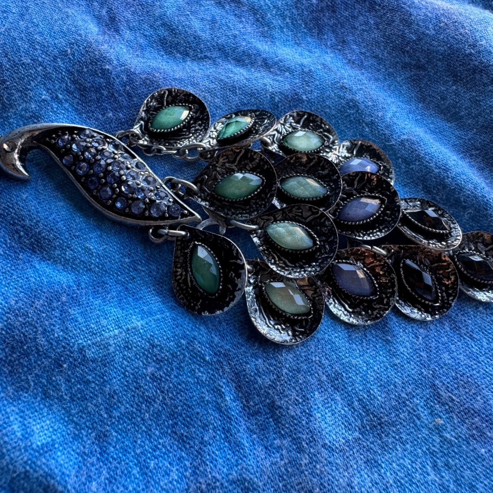 Vintage Peacock Statement Necklace Silver Green Blue Bird Articulated Dangle - Picture 9 of 12